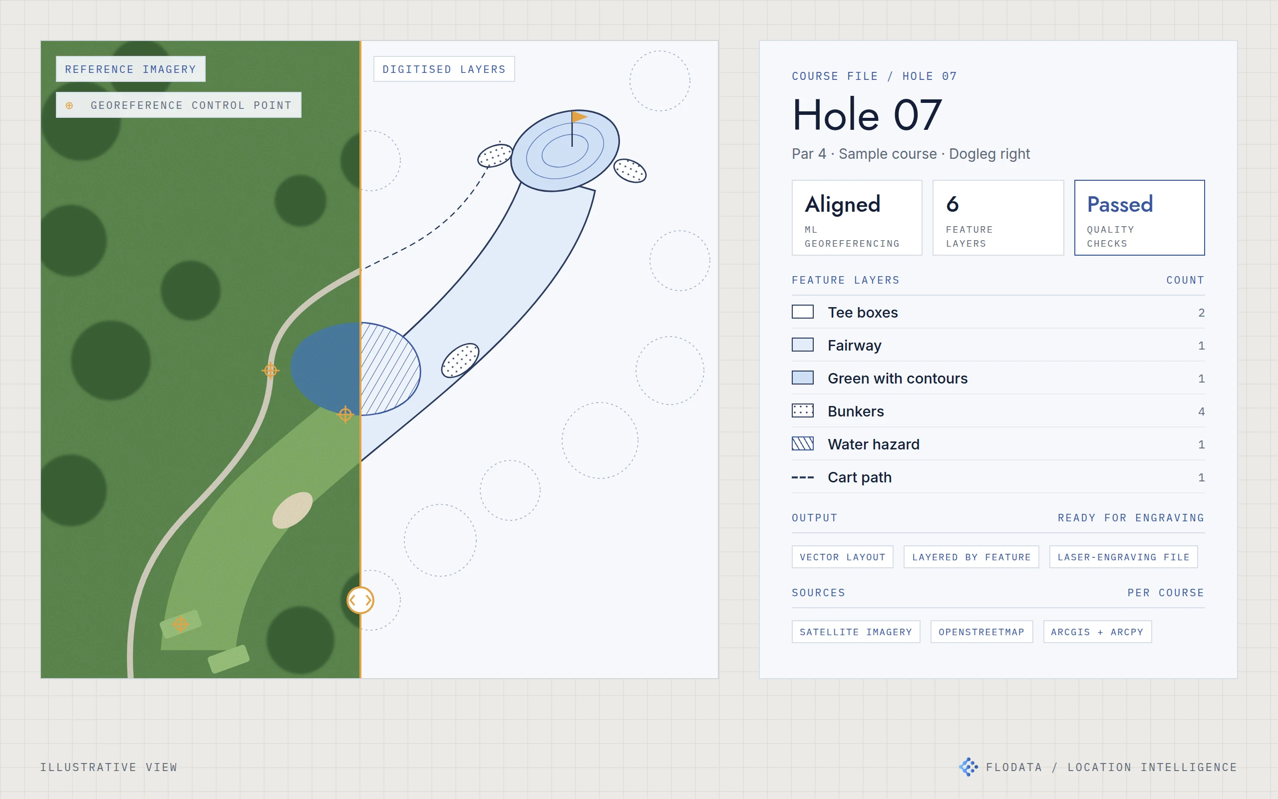 Illustration of one golf hole split in two: reference imagery with georeferencing control points on the left and the digitised fairway, green, bunkers, water and cart path layers on the right, linked to a course file card showing its feature layers and quality check status.